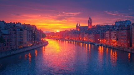 Sunset cityscape reflecting in river canal water buildings