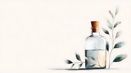 A bottle of liquid with a cork stopper and a bunch of white