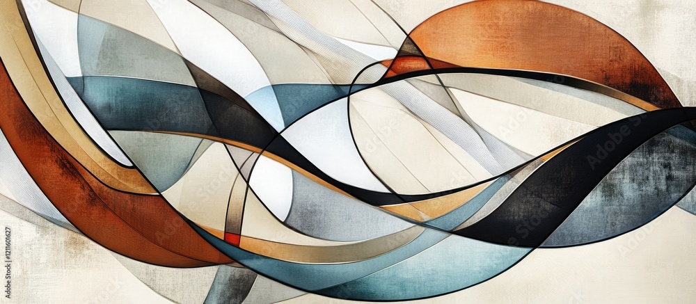 Poster dynamic curves in earthy tones of brown, blue, and cream create a minimalist abstract art piece with