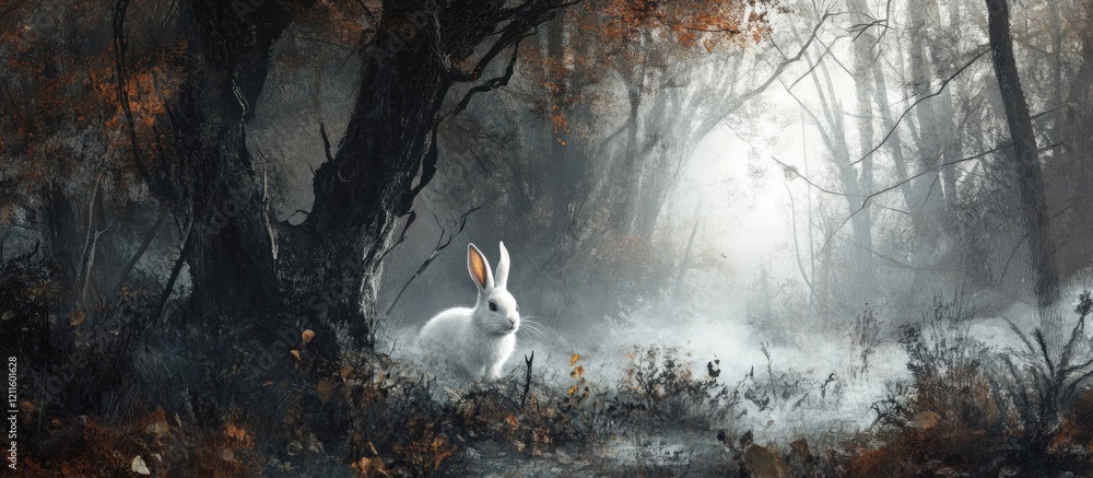 Aufkleber Eerie white rabbit sitting in misty forest with dark twisted trees and fog creating a haunting atmosphere emphasized by soft light in background