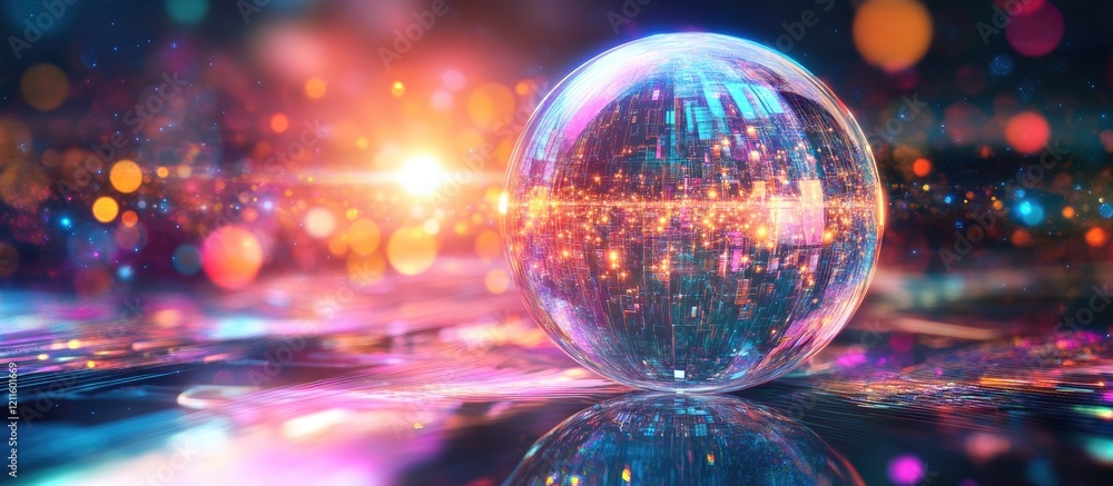 Aufkleber colorful abstract sphere reflecting light with vibrant bokeh in the background, positioned centrally