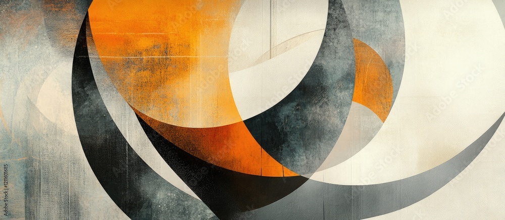 Poster dynamic abstract artwork featuring bold orange curves and gray lines against a soft white background