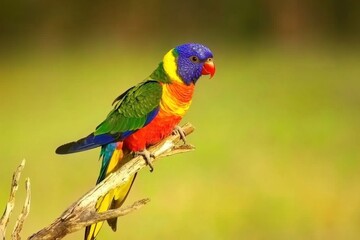 Naklejka premium A colorful rainbow lorikeet perched on a branch, its plumage gleaming under the morning sunlight.