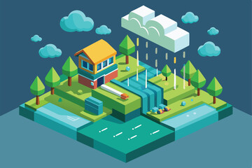 This artwork showcases a vibrant isometric landscape with a house, a flowing waterfall, and gentle rain, Make it rain Customizable Isometric Illustration
