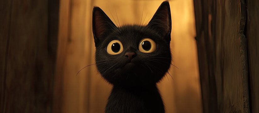 Curious black cat with large expressive eyes set against a warm wooden background creating a captivating focus on its intriguing gaze.