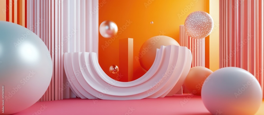 Poster vibrant 3d render featuring curved white shapes, soft spheres, and dynamic orange backgrounds with p