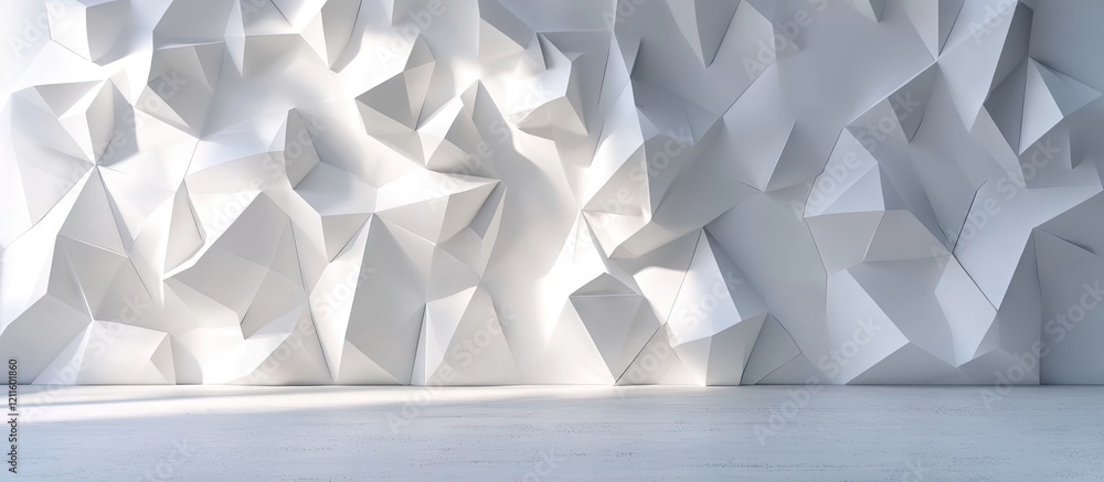 Poster minimalistic 3d geometry white room with textured wall, sharp angular shapes in foreground, bright l