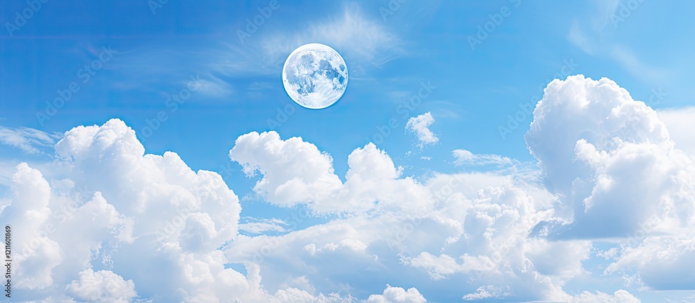 Aufkleber lunar panorama with a large full moon in a bright blue sky, surrounded by fluffy white clouds, creat