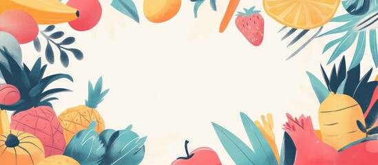 Fototapeta premium Colorful grocery items including bananas oranges strawberries and leafy greens arranged in a vibrant frame on a light background for culinary quotes