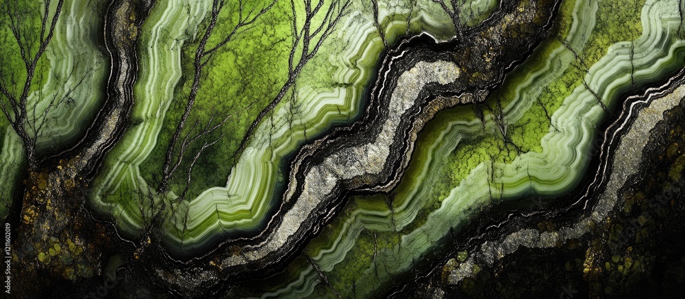 Poster intricate green and black agate stone texture with layered patterns and painted grunge style, showca