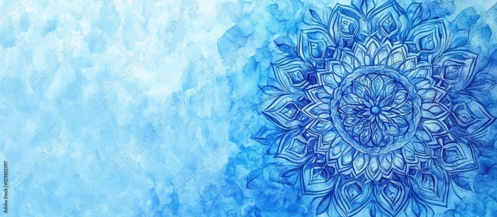 Leinwandbilder blue watercolor gradient on textured paper with intricate mandala in darker blue on the right side c