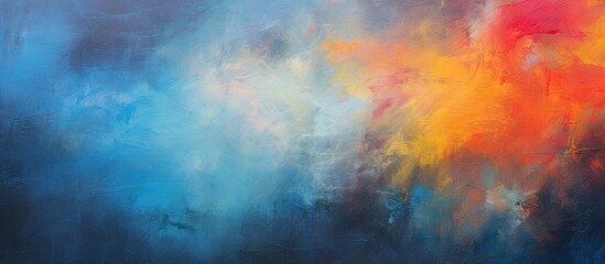 Obraz premium Colorful abstract painting with vibrant blue, orange, and yellow hues on a dark background, blurred effect for an artistic gallery feel.