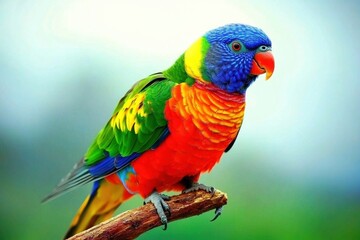 A colorful rainbow lorikeet perched on a branch, its plumage gleaming under the morning sunlight.