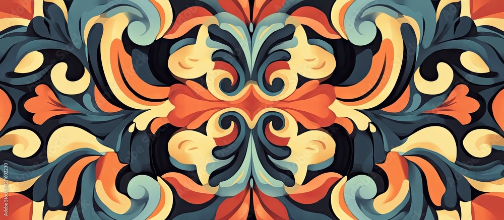 Poster colorful floral pattern featuring intricate swirls in orange, blue, cream, and dark tones symmetrica