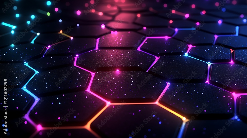 Wall mural a dark background with colorful hexagons and light