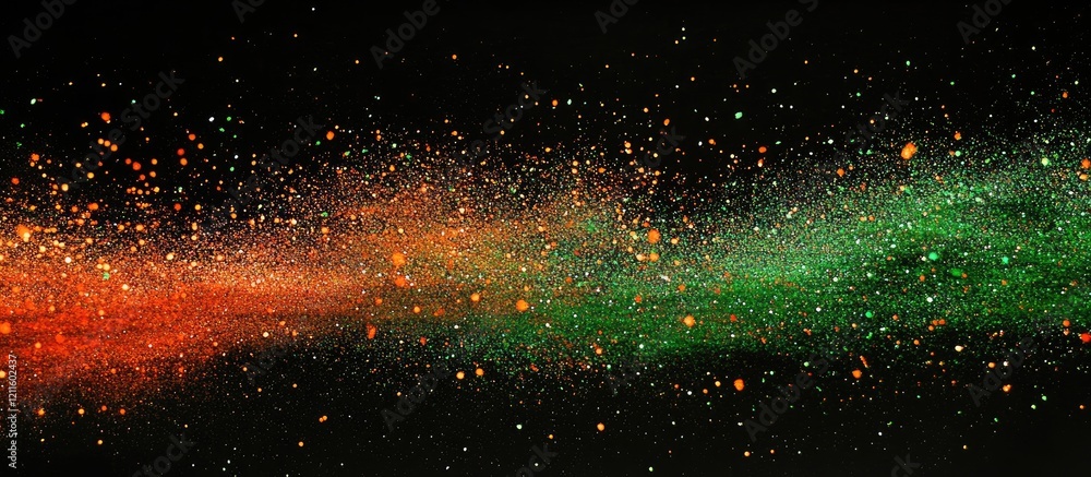 Poster vibrant abstract glitter blend of green, red, and orange swirls across a dark black background, crea
