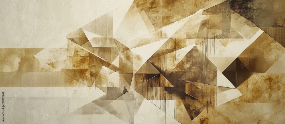 Poster abstract geometric artwork in warm beige and brown tones with fragmented shapes and analog grain tex