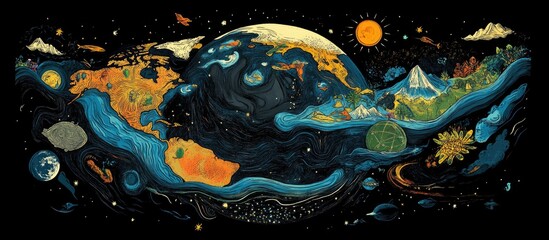 Colorful cosmic illustration of Earth with continents visible in vibrant hues on a dark background, featuring planets, clouds, and sun elements.