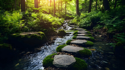 Obraz premium Serene Forest Walk: Stone Path Along a Gentle Stream