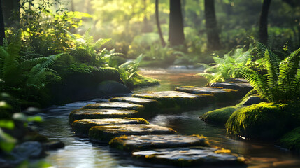 Obraz premium Forest Stream and Stone Path: A Serene Nature Scene