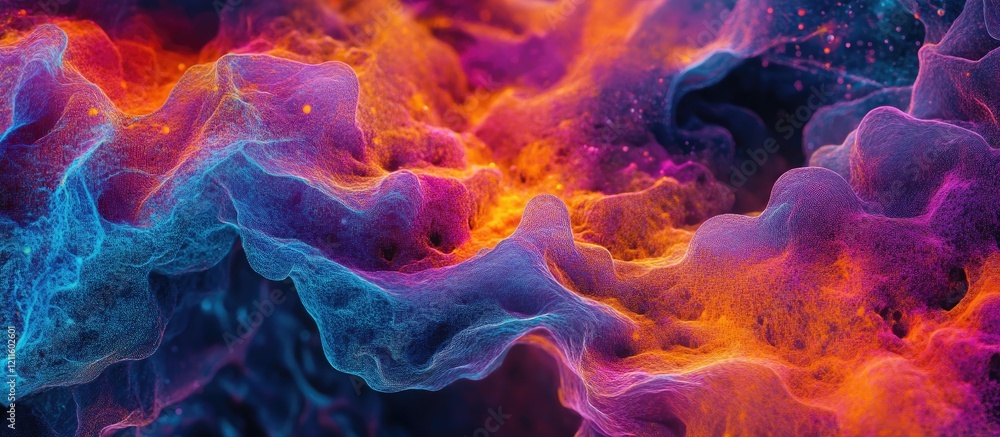 Poster abstract vibrant colors of orange, purple, and blue swirling together in a dynamic fluid motion with