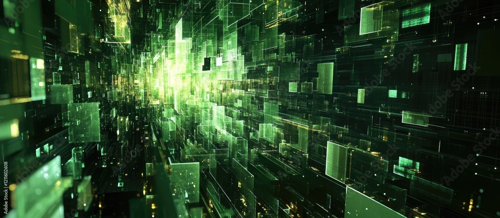 Poster futuristic green abstract pixelated circuit board background with intricate patterns and depth, idea
