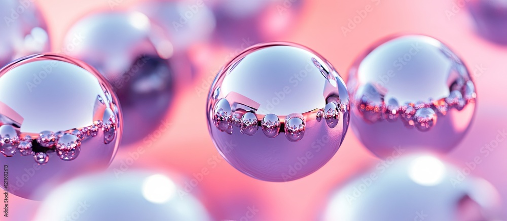 Poster elegant arrangement of reflective chrome metal balls on a soft pastel background with pink and laven