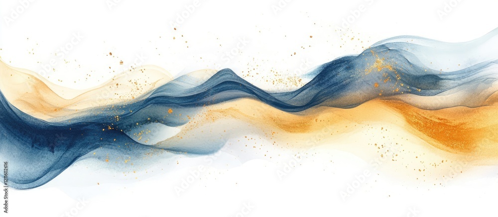 Poster geometric wave design in soft navy blue and golden orange hues creates a dynamic and ethereal effect