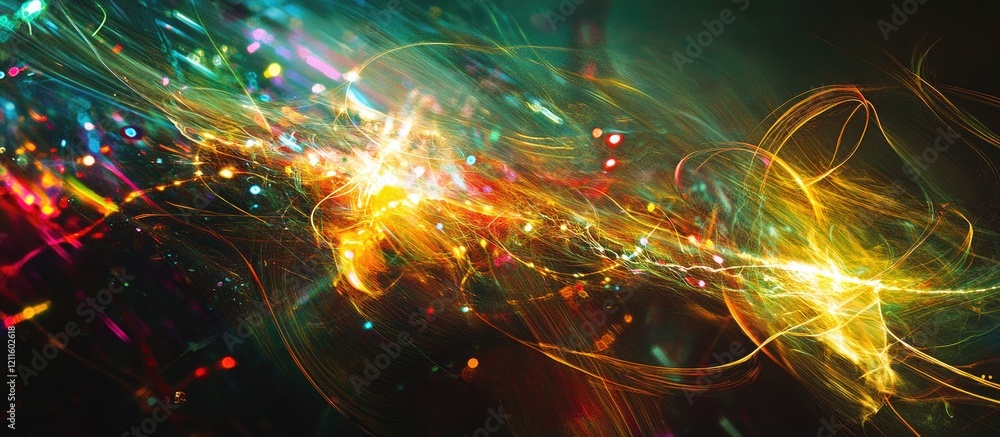 Poster Vibrant abstract light trails in hues of yellow, green, and blue swirl dynamically on a dark background, creating a mesmerizing visual effect