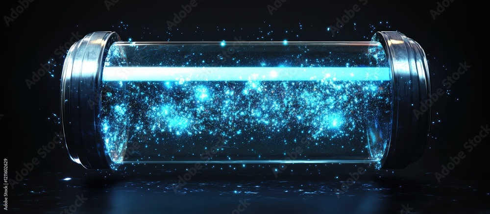 Poster abstract metallic cylinder with blue light leaks on a dark background surrounded by luminous particl