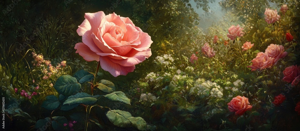 Aufkleber pink rose in full bloom surrounded by lush greenery and soft light creating an elegant garden atmosp