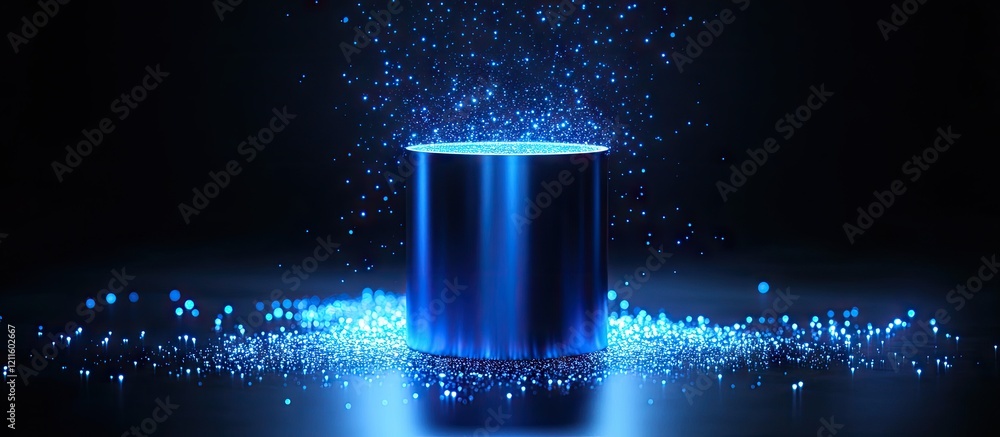 Poster abstract metallic cylinder illuminated by blue light leaks surrounded by shimmering particles creati
