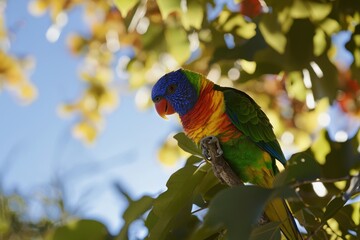 A colorful rainbow lorikeet perched on a branch, its plumage gleaming under the morning sunlight.