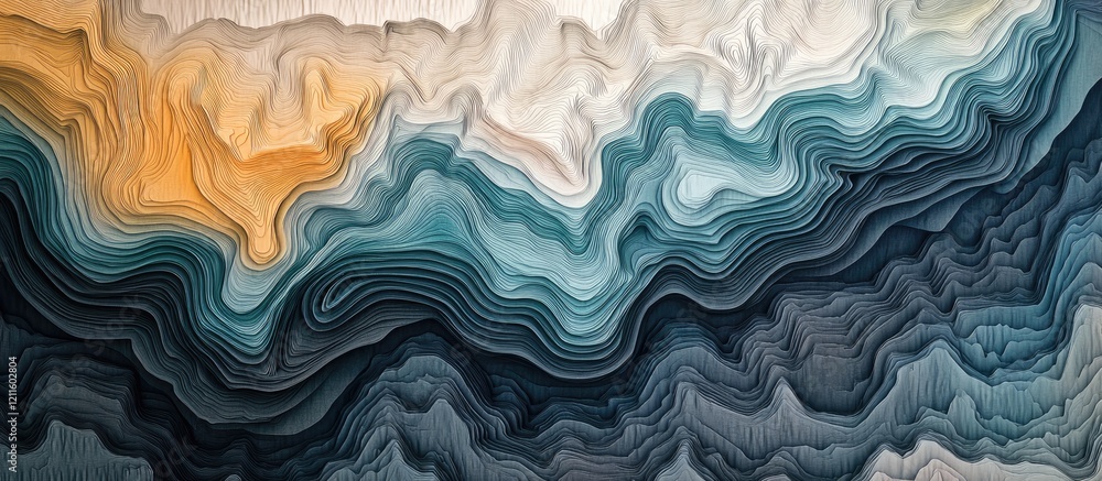 Fototapete abstract fluid art composition featuring layered waves of teal, beige, and orange hues blending seam