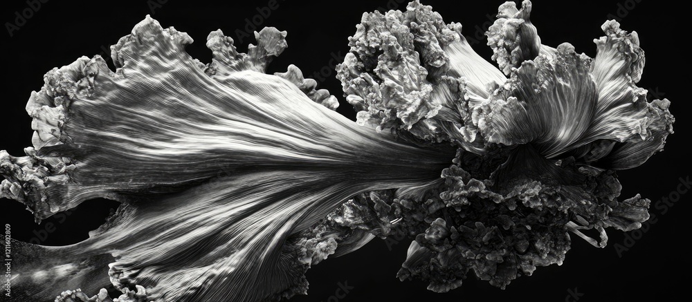 Poster intricate black and white close-up of opium poppy petals displaying delicate textures and flowing fo