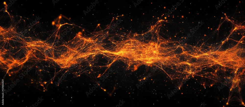 Poster a dynamic orange and gold abstract network of connections on a black background illustrating the fus