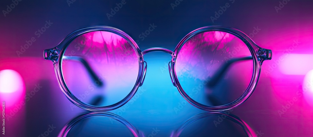 Fototapete Abstract eyeglass frame design showcasing a radial gradient of 30 magenta and 70 blue with circular lenses centered against a blurred neon backdrop
