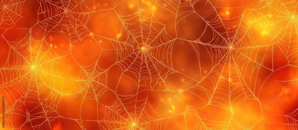 Poster vibrant orange and golden abstract spider web patterns with blurred circular bokeh background creati