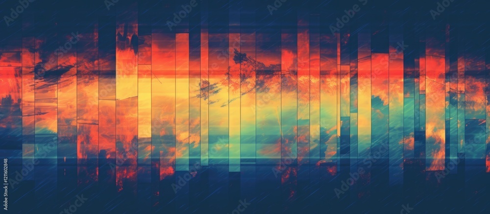 Poster Colorful abstract gradient background with blended hues of red, blue, and yellow, creating a soft noise effect in a vintage retro style.
