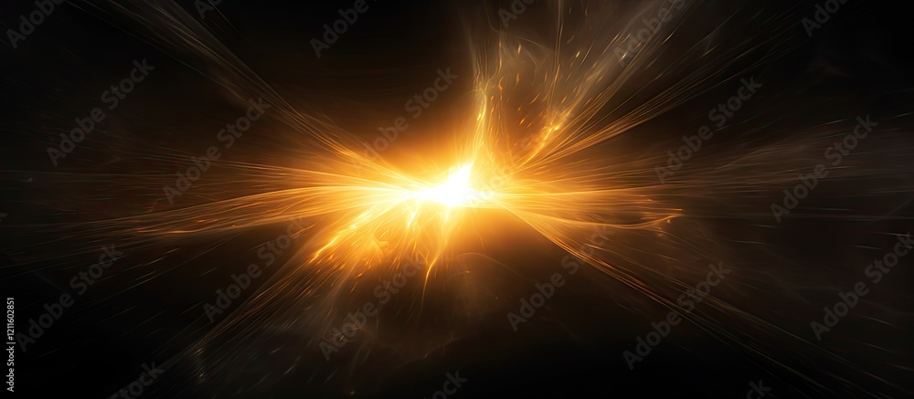 Poster vibrant orange sun flare radiating from center against a deep black background, creating an abstract