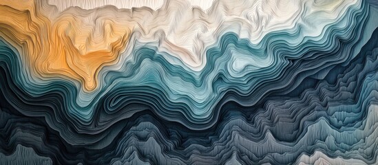 Obraz premium Abstract fluid art composition featuring layered waves of teal, beige, and orange hues blending seamlessly across the canvas with smooth transitions.