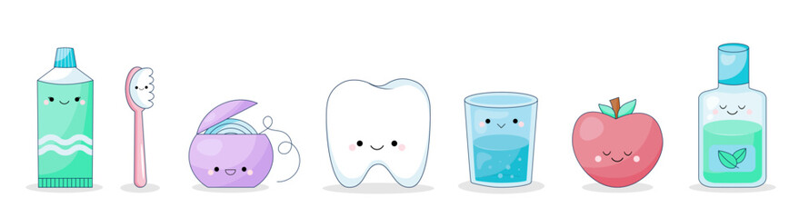Kawaii toothpaste and brush, dental floss, glass and mouthwash. Cute characters. The concept of oral hygiene