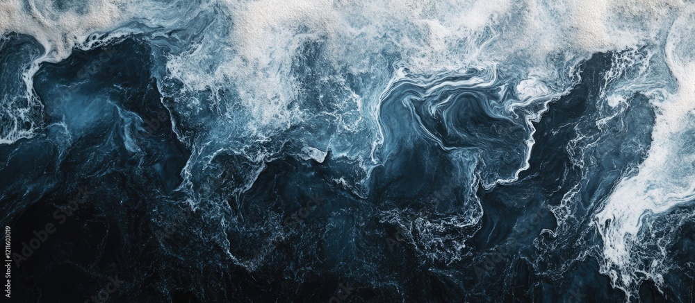 Poster Abstract ocean waves in dark blue and white hues swirling together, creating a dynamic textured surface with depth and movement.