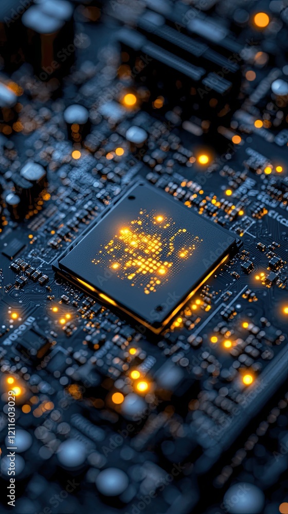 Poster circuit board illuminated by glowing components showcasing intricate technology in a close-up view a