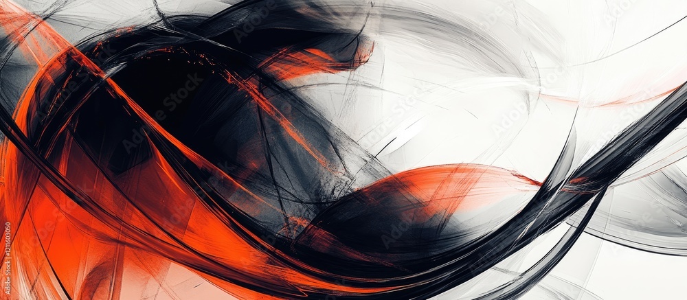 Fototapete dynamic abstract art with flowing black and red curves on a light background, minimalist design emph
