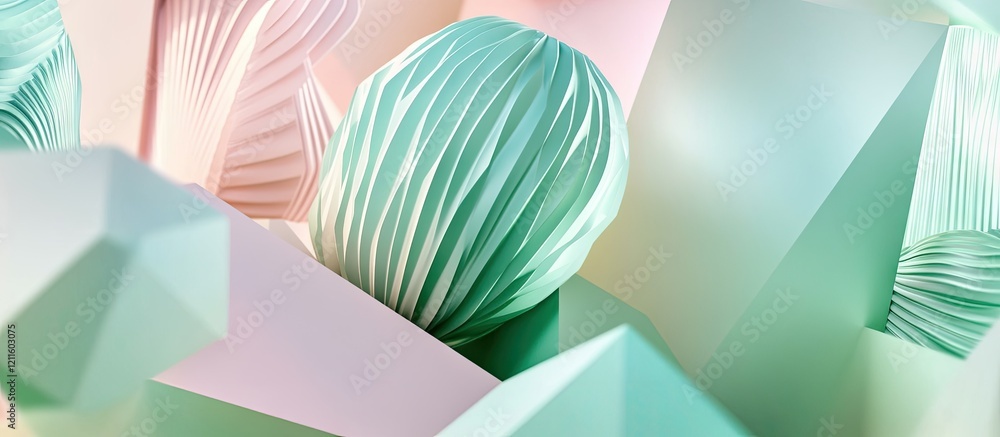 Poster 3d geometric shapes in soft green and pastel pink hues arranged dynamically create a captivating vis