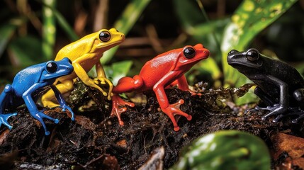 Naklejka premium Exploring the rich biodiversity of the Amazon rainforest, vibrant poison dart frogs thrive in the undergrowth.
