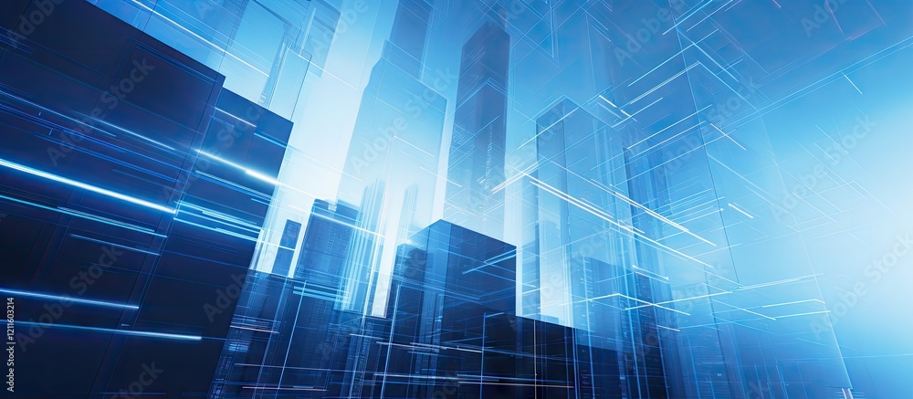 Poster abstract blue background featuring a modern office skyscraper silhouette with geometric lines and a 