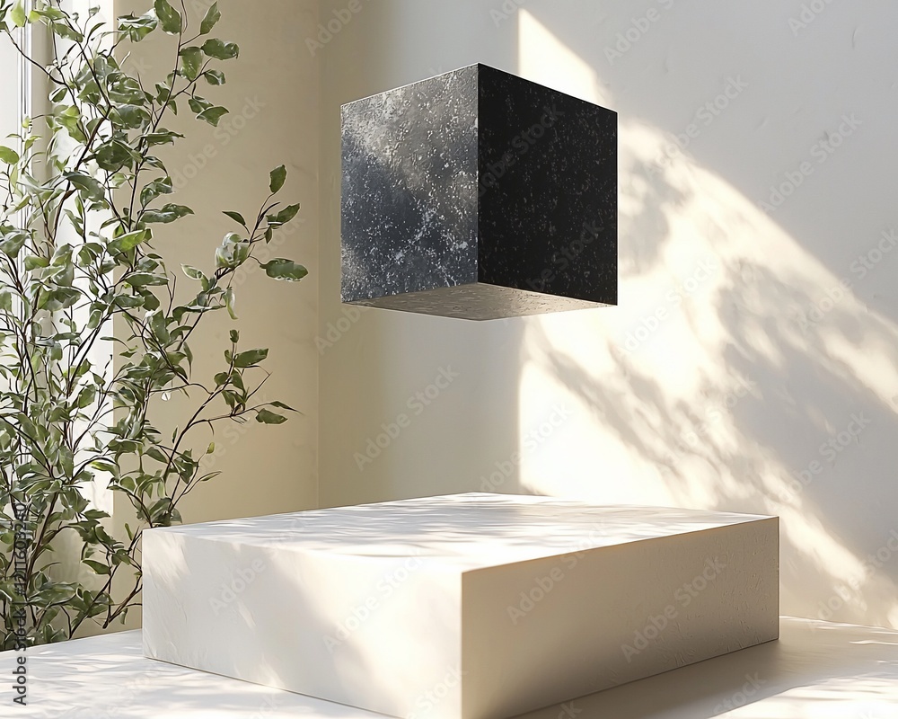 Aufkleber floating dark cube on white platform with plant.