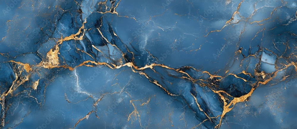 Fototapete marble texture background featuring deep blue base with elegant gold vein patterns flowing diagonall
